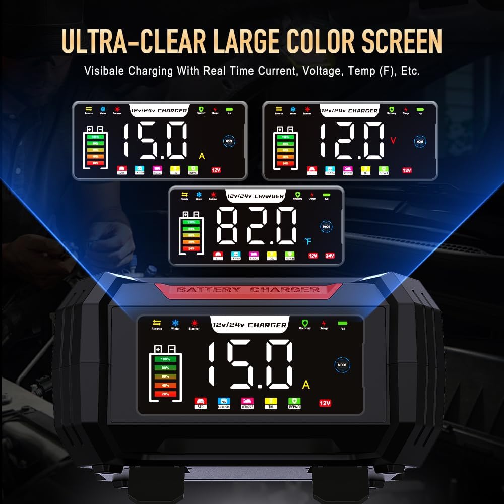 15 Amp Battery Charger, 12V 24V LiFePO4 Car Battery Charger 9-Stage Trickle Portable Charger Smart Battery Maintainer w/Battery Repair, Winter Mode, for AGM, STD, Gel, Lead Acid,Deep Cycle Batteries