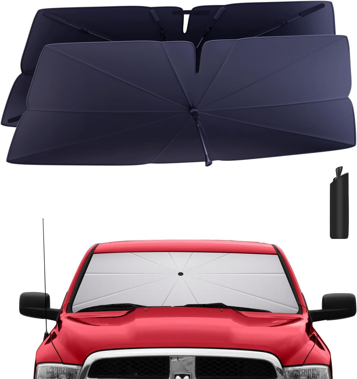 Windshield Sun Shade Umbrella: Custom Fit for 2009-2018 Dodge RAM 1500 ST, SLT, Laramie, Sport, Big Horn, Tradesman (DS/DJ) - Double Thickened Foldable Front Window Sunshade, UV & Heat Protection