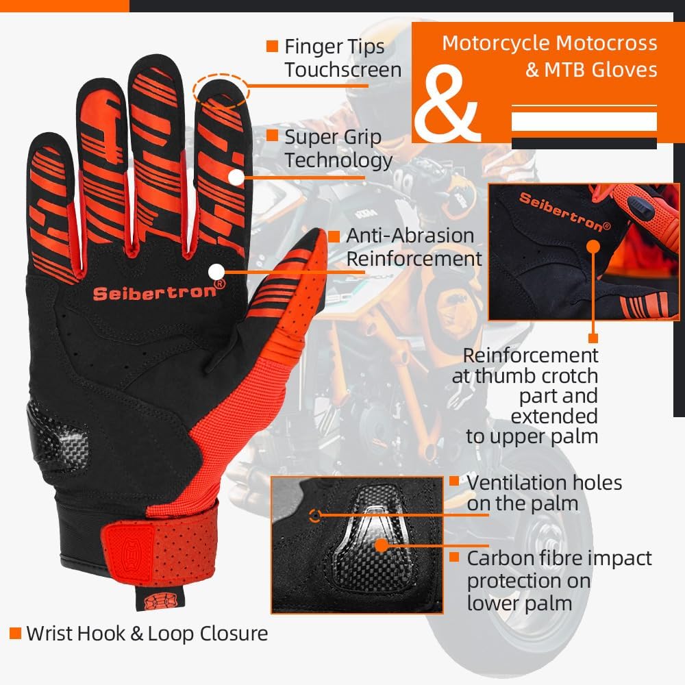 Seibertron SPS Series Touchscreen Motorcycle Motocross BMX ATV MTB Bicycle Cycling Full or Half Finger Gloves Adult and Youth