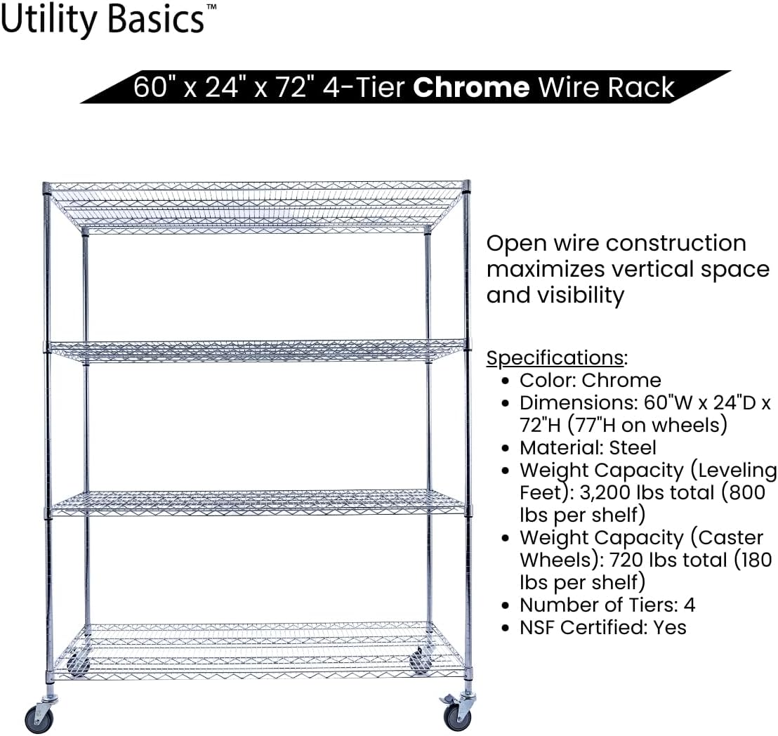 60"x24"x72" PREMIUM METAL STEEL 4-Tier Wire Shelving NSF 3200 LBS MAX Capacity Heavy Duty Storage Rack for Hospitals, Schools, Commercial Spaces, and Garages w/PREMIUM Wheels