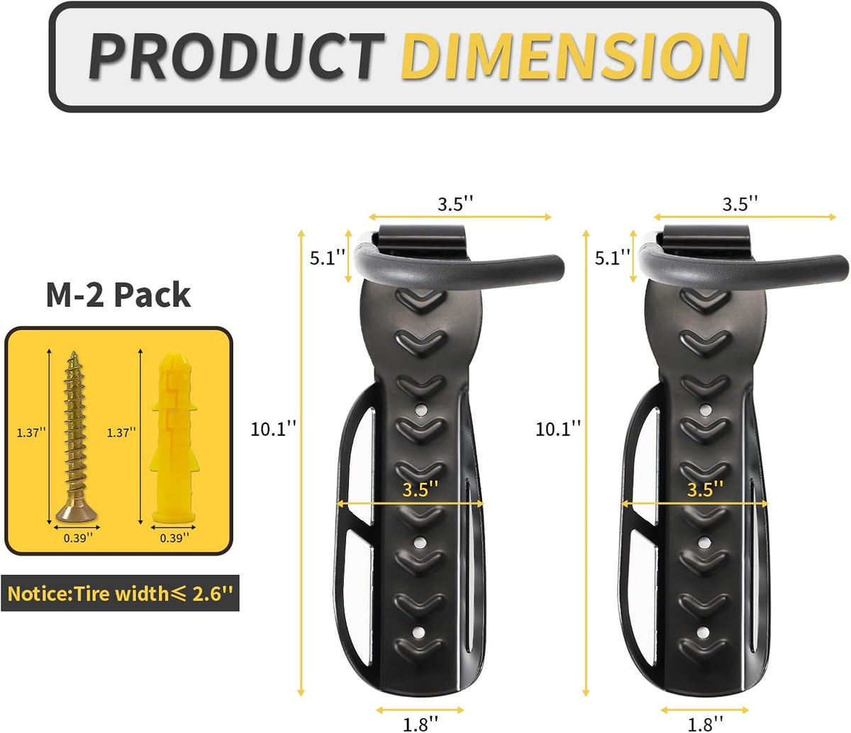 Vertical Bike Rack Wall Mount for Garage–Heavy-Duty Steel Bicycle Hook for Indoor Storage, Space-Saving Holder for Road, Mountain & Hybrid Bikes, Fits Tires Up to 2.6" Wide (2 Pack)