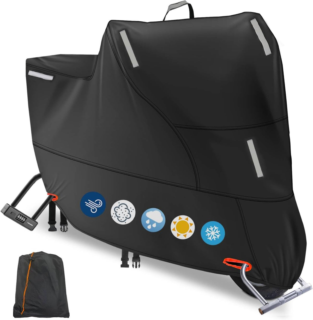 Motorbike Cover for Outside Storage, 300D Oxford Waterproof Motorcycle Scooter Moped Cover Outdoor with 5 Reflective Strips and 2 Windproof Buckles, 2 Lock-Holes and 1 Storage Bag (2XL: 94x35x49 inch)