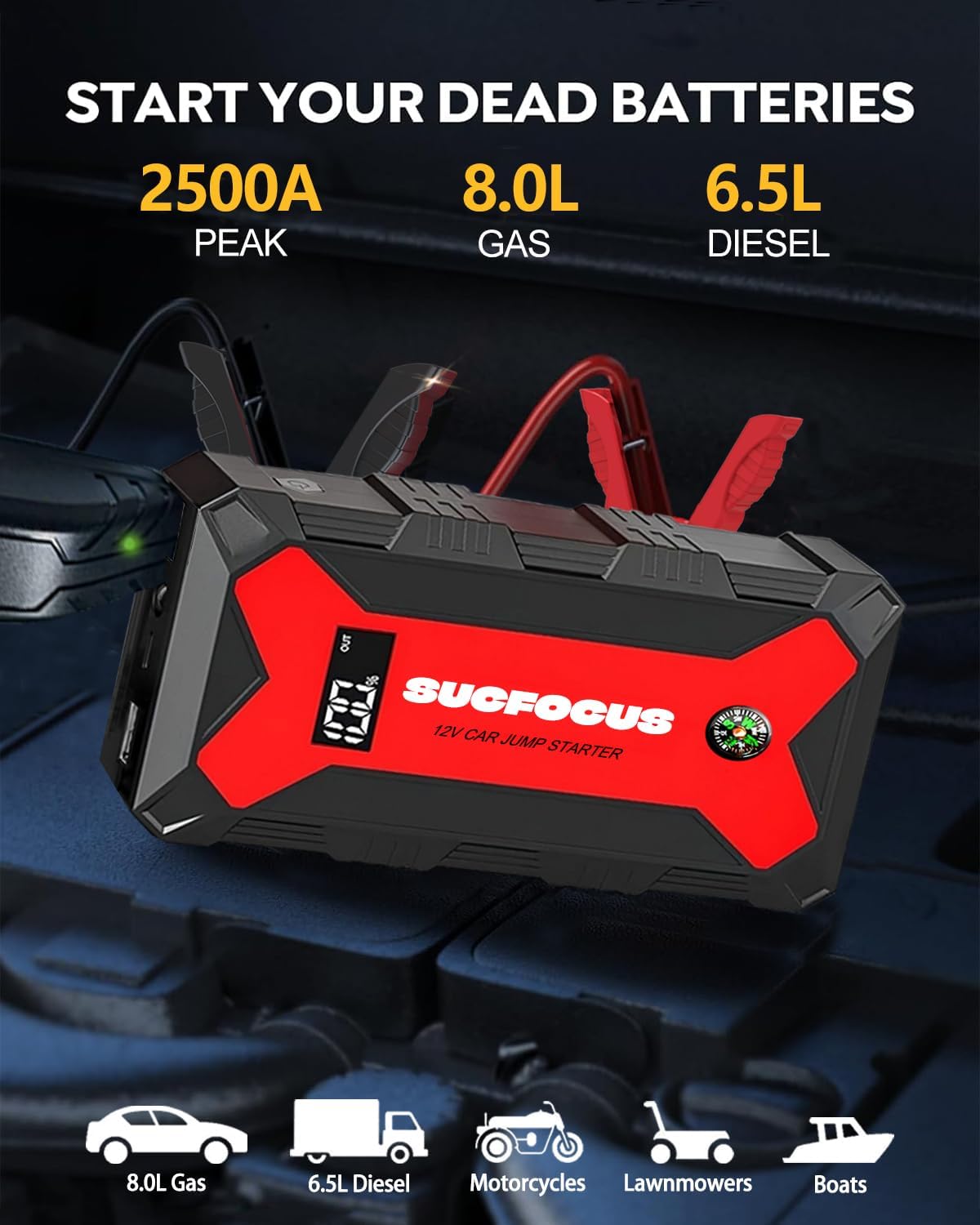 Car Battery Jump Starter, 2500A Battery Jumper Starter Portable (for 8.0L Gas or 7L Diesel Engine), Jump Box, Jump Start Battery Pack with Jumper Cables, LED Light, USB QC3.0 (Red)