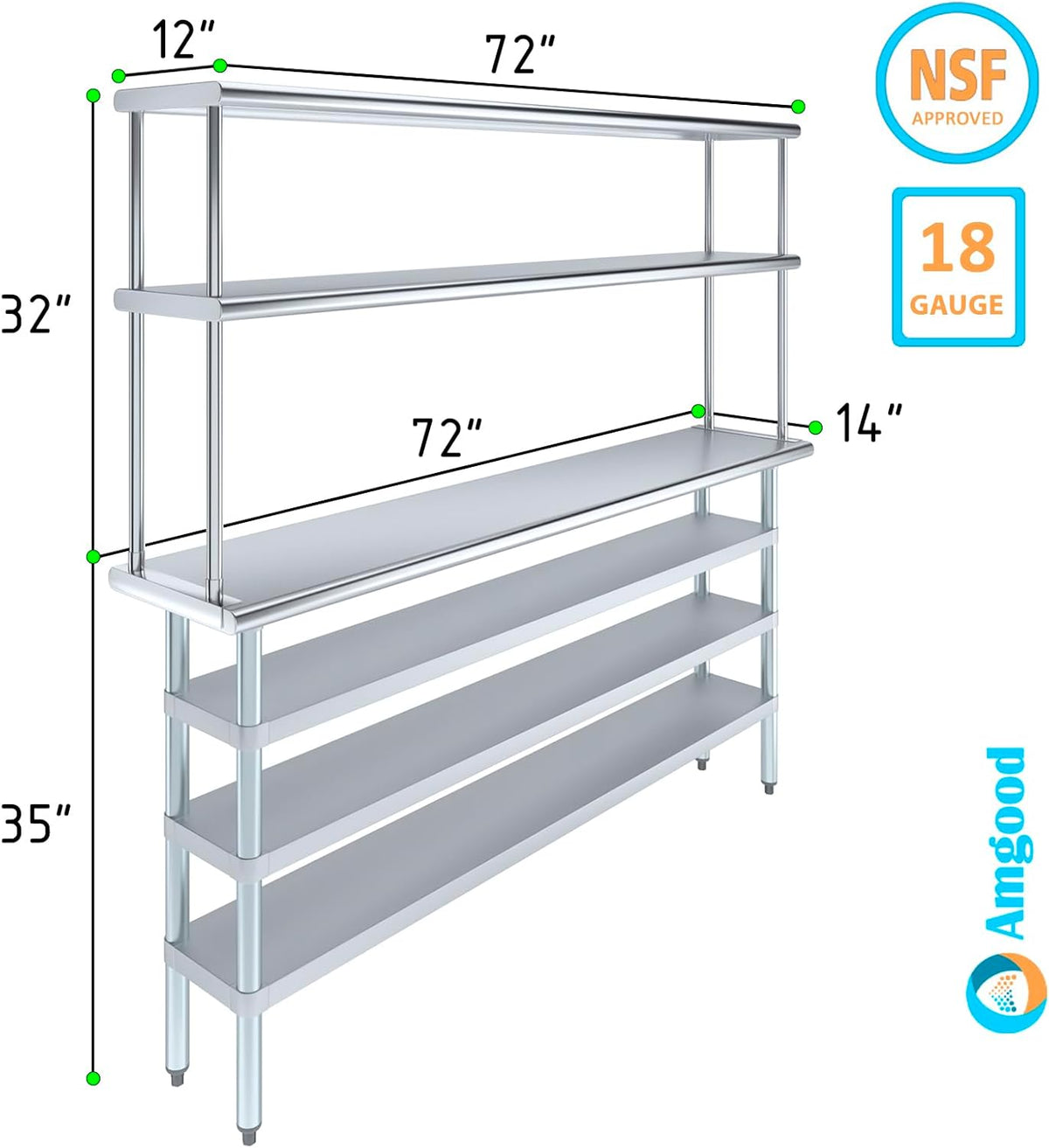 Amgood 14" x 72" Stainless Steel Work Table with 3 Shelves and 12" Wide Double Tier Overshelf | Metal Kitchen Prep Table & Shelving Combo | NSF