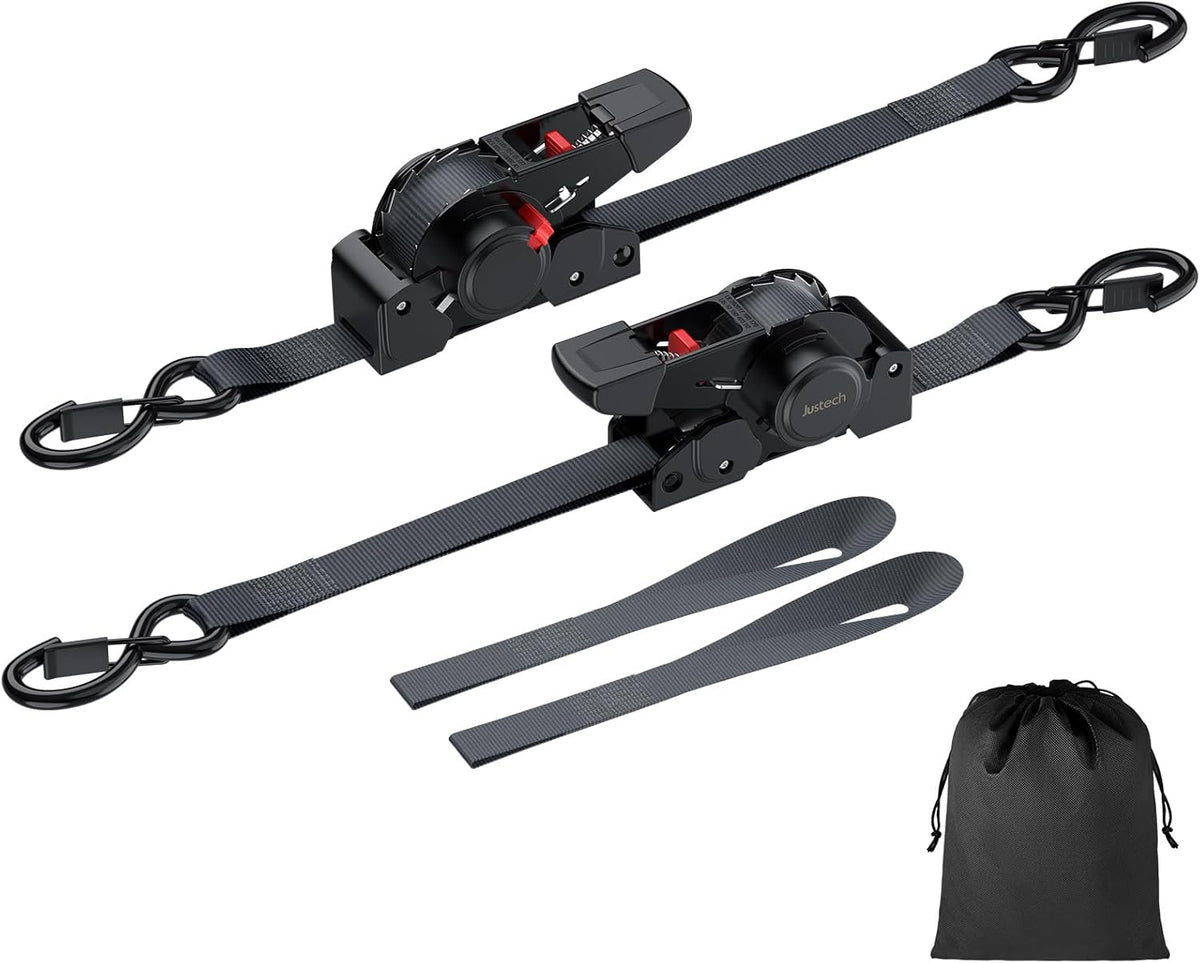 Justech 2 Pack Retractable Ratchet Straps, 1 in x 11.6 ft-1411 lbs Break Strength, Heavy Duty Auto Ratchet Tie Down Straps with Soft Loops & Storage Bag for Motorcycle, Truck, Trailer, Cargo Van, Boat