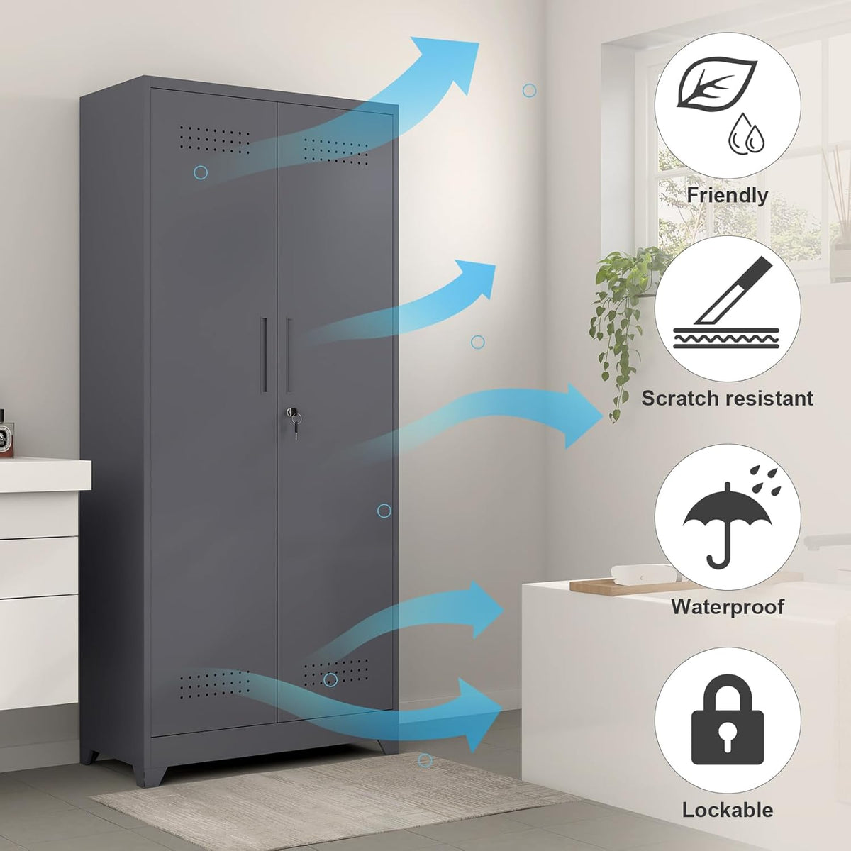 GREATMEET 72.8" H Metal Storage Cabinets with Doors and Shelves, Grey Broom Closet Storage Cabinet, Broom and Mop Utility Cabinet for Home,Kitchen,Garage