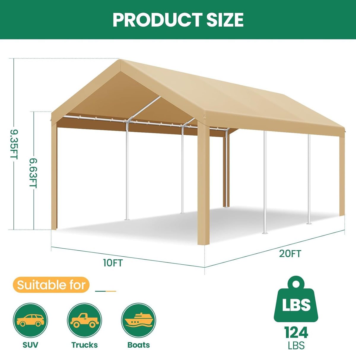 COBIZI Carports 10x20 Heavy Duty Car Tent Garage 2.0, Galvanized Frame Car Canopy Outdoor Shelter Waterproof & UV Protected with Windproof Ropes & Built-in Sandbags for Car Truck Boat, Khaki