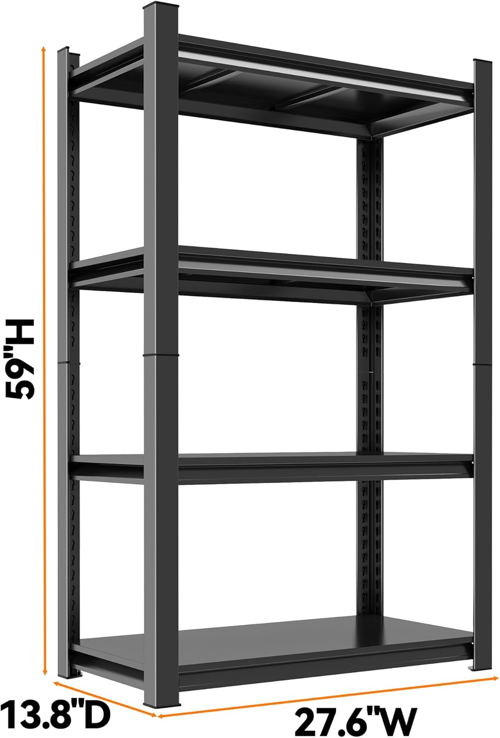 59"H Garage Shelving Heavy Duty Rack, 2400 LBS Extra Large Capacity 4 Tier Adjustable Storage Shelves, Metal Industrial Shelf Units for Garage, Basement and Warehouse, 59"H×27.6"W×13.8"D, Black