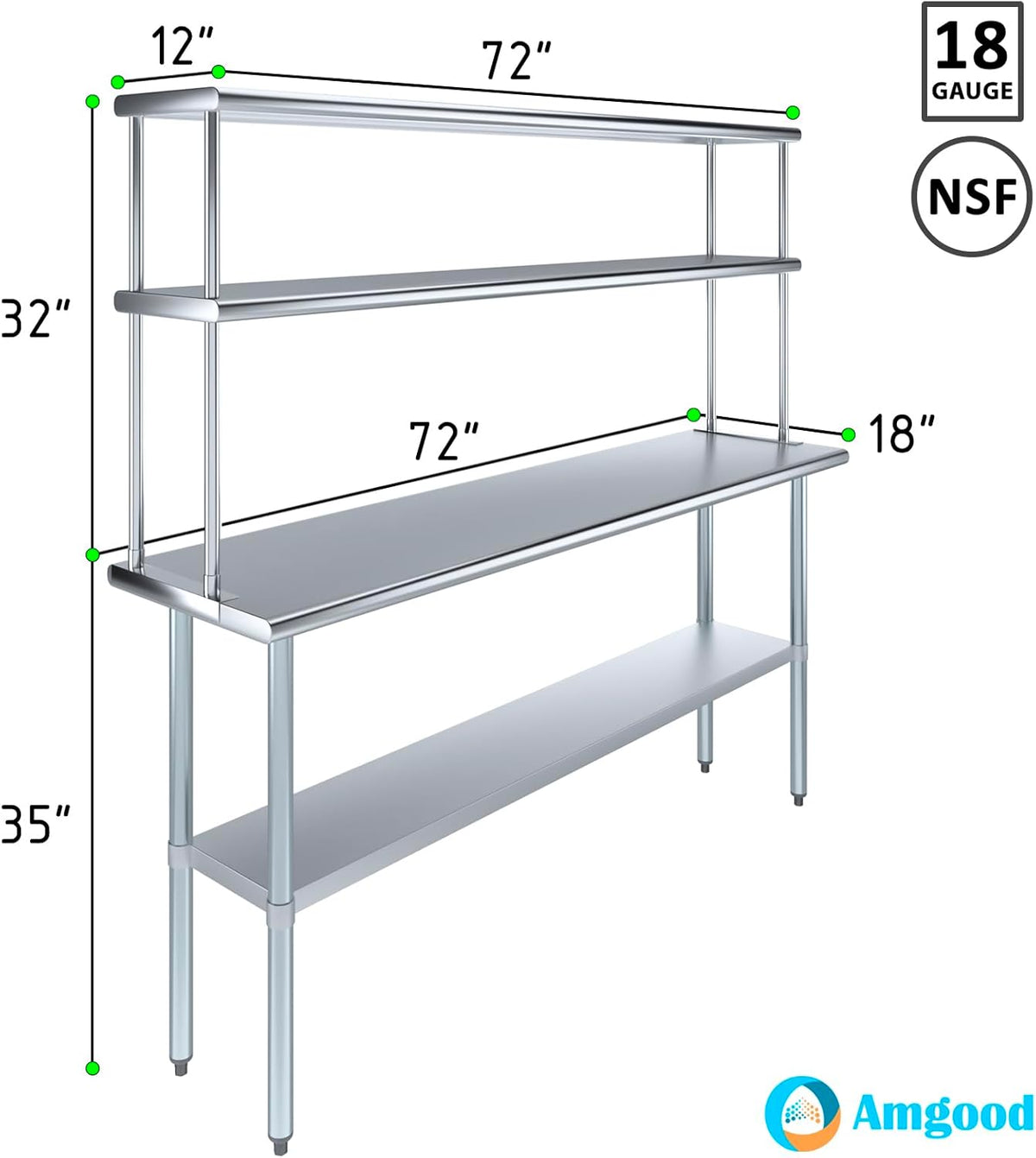 Amgood Stainless Steel Work Table Double Tier Overshelf | Metal Kitchen Prep Table & Shelving Combo (18" x 72" Work Table + 12" Overshelf)