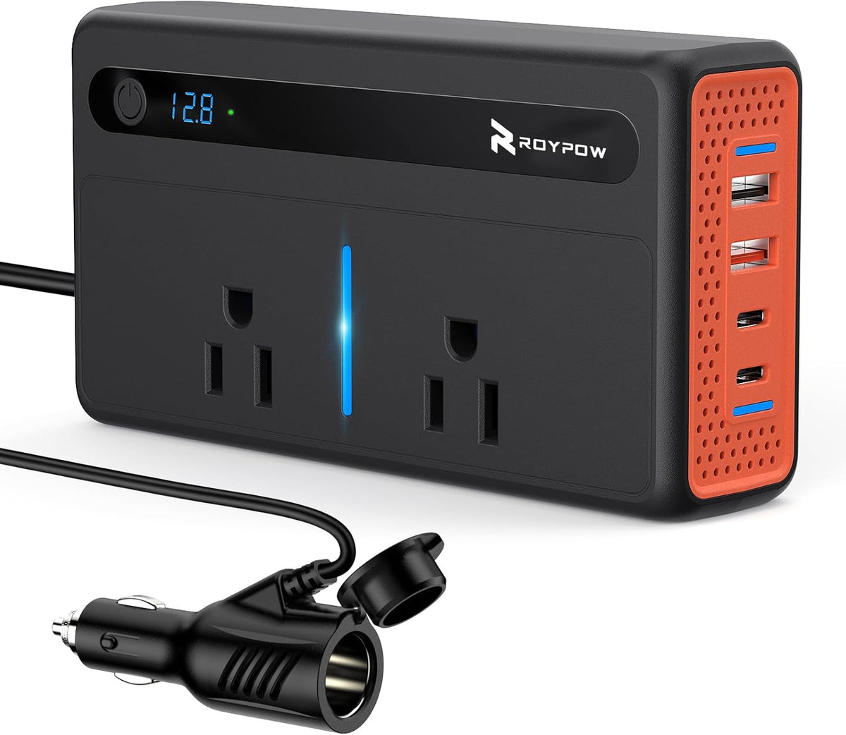 RoyPow 300W Car Power Inverter, DC 12V to 110V AC Power Inverter with Cigarette Lighter Port, Car Plug Adapter Outlet with 3.4A USB-A, QC3.0 24W, PD 30W, PD 36W, Dual AC Outlets, Car Charger Adapter
