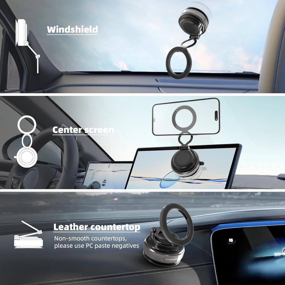 EnerCharge Magnetic Car Phone Holder, with 360° Adjustable & 3-Fold Extension, Upgraded Vacuum Suction Cup Cell Phone Mount for Car/Gym/Kitchen/Shower (Aluminum Alloy)