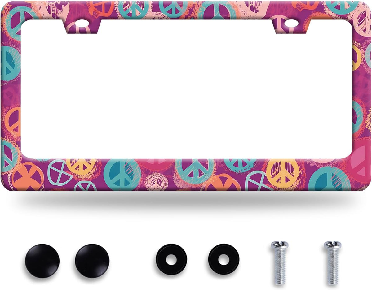 Groovy Hippie Peace Sign License Plate Frame Pink License Plate Frames Stainless Steel Accessories Cars Decor with 2 Holes and Screws Fits Standard US CA Vehicles Size 12.2 x 6 Inches