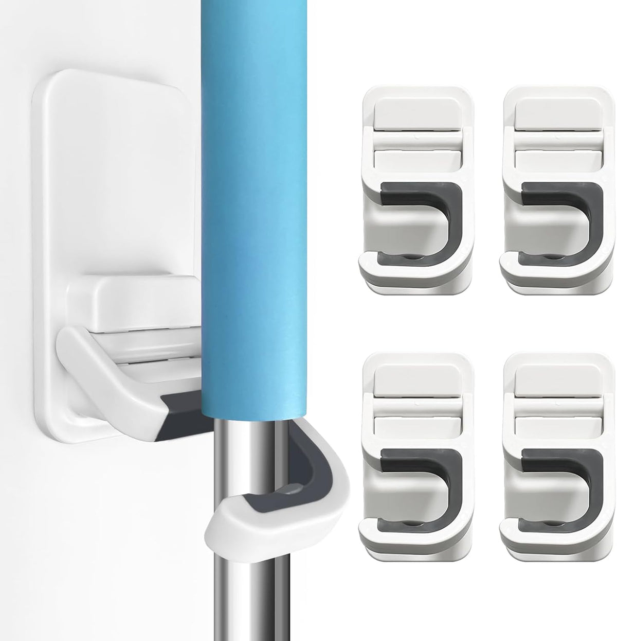 Broom Holder Wall Mount, 4 Pack Broom and Mop Organizer Wall Hanging Self Adhesive, No Drilling, Anti-Slip Broom and Mop Hanger Wall Mount Cleaning Ideal for Bathroom, Kitchen, Garden, Garage