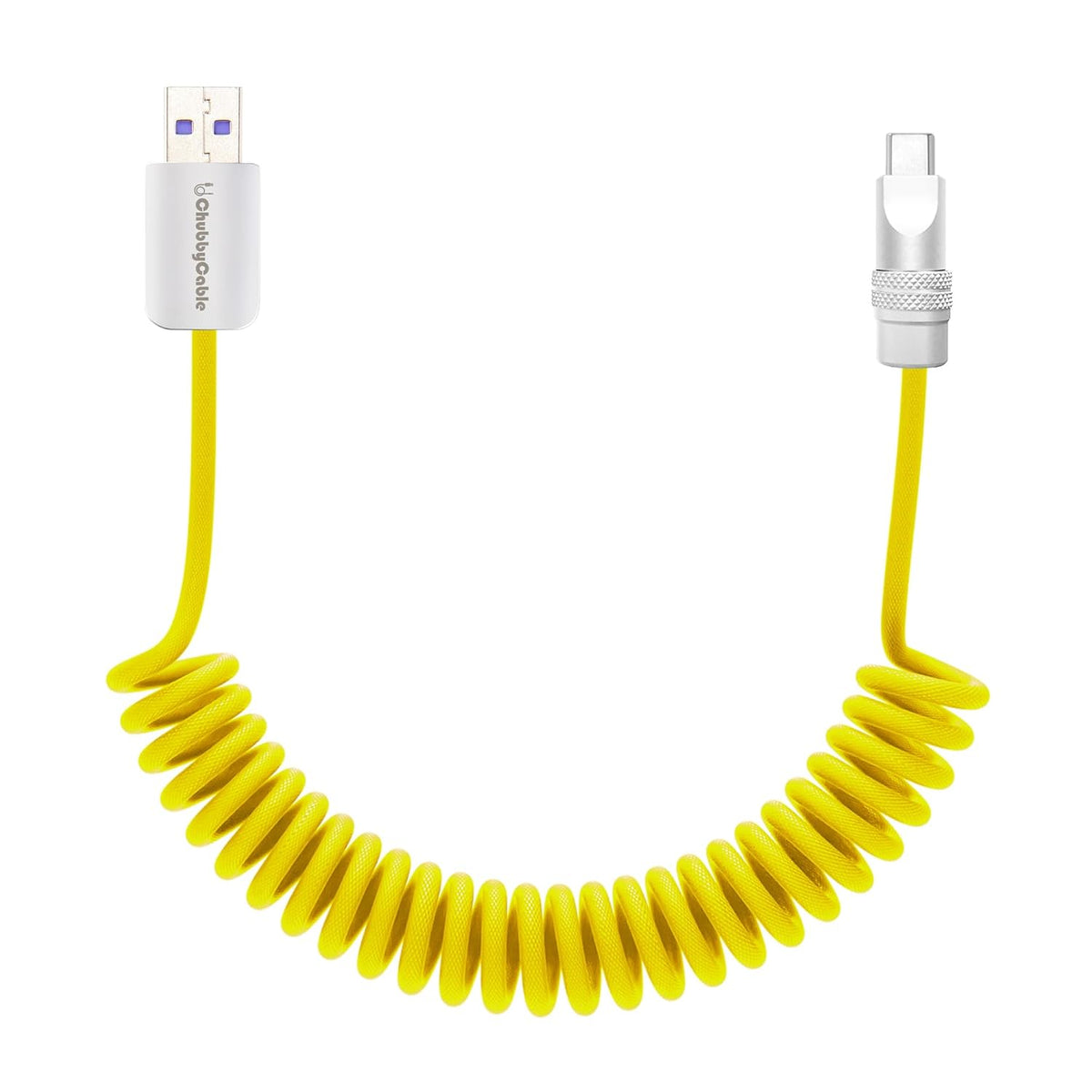 chubbycable Curly Chubby - Retractable Fast Charging Cable 240W Coiled Charger Cord for Car Durable USB-C Cable for Phones, Tablets and More, Yellow, USB-A to Type-C, 1.3FT-2.3FT