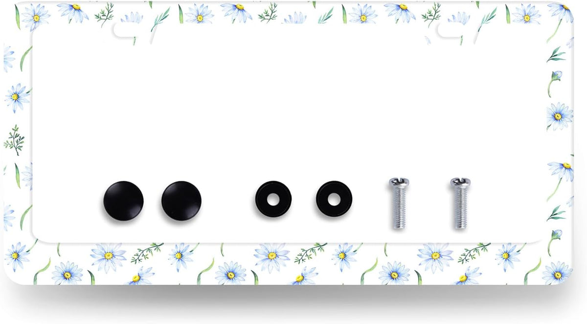 Cute Blue Daisy Flowers License Plate Frame Colorful Floral License Plate Holder Stainless Steel Colorful Car Accessories Decoration 6.3"X12.3" with 2 Holes Screws