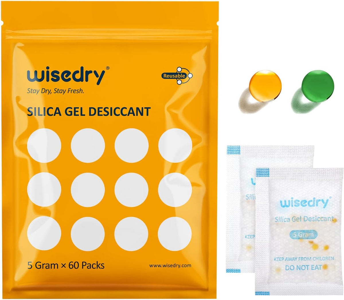 5 Gram [60 Packs] Food Grade Silica Gel Packs Rechargeable Desiccant Dehumidifiers Pouches with Color Indicating Beads Reusable Moisture Absorbers for Food Storage