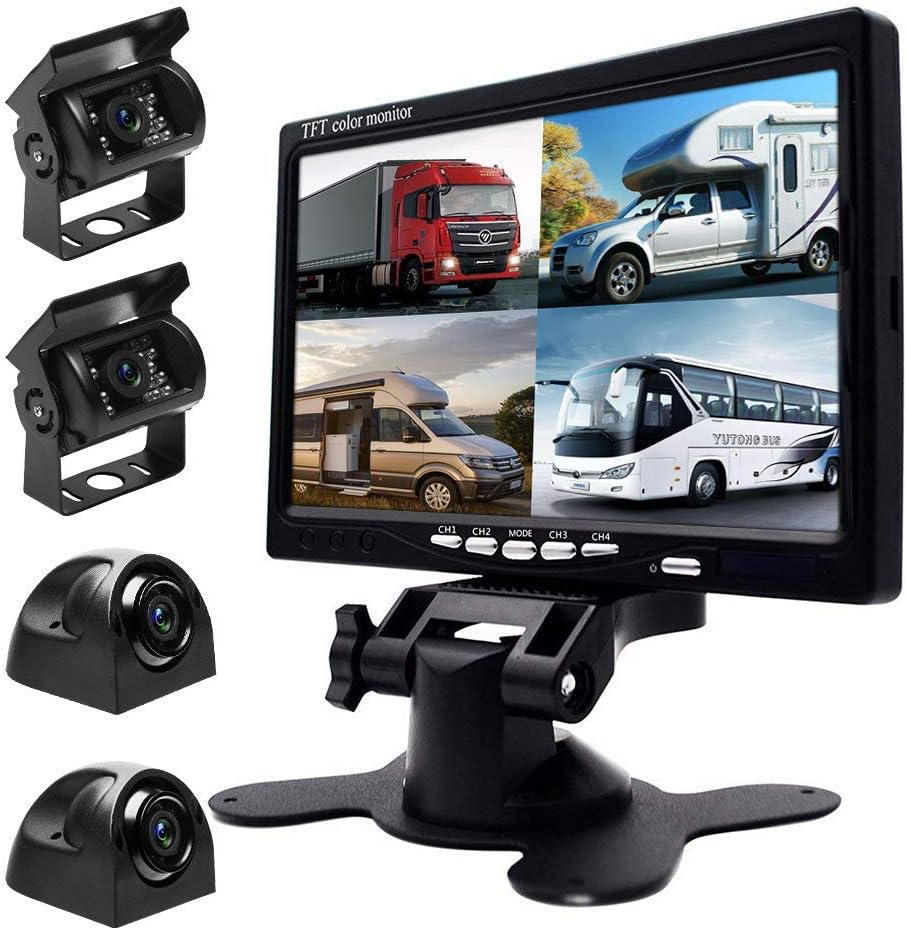 Wired Backup Camera System with 7 Inch Monitor for RV,Trucks,Cars, 4 Channel Quad Split Reversing Camera System with Screen, Wide Angle, IP68 Waterproof, IR Night Vision, Easy Installation,12V