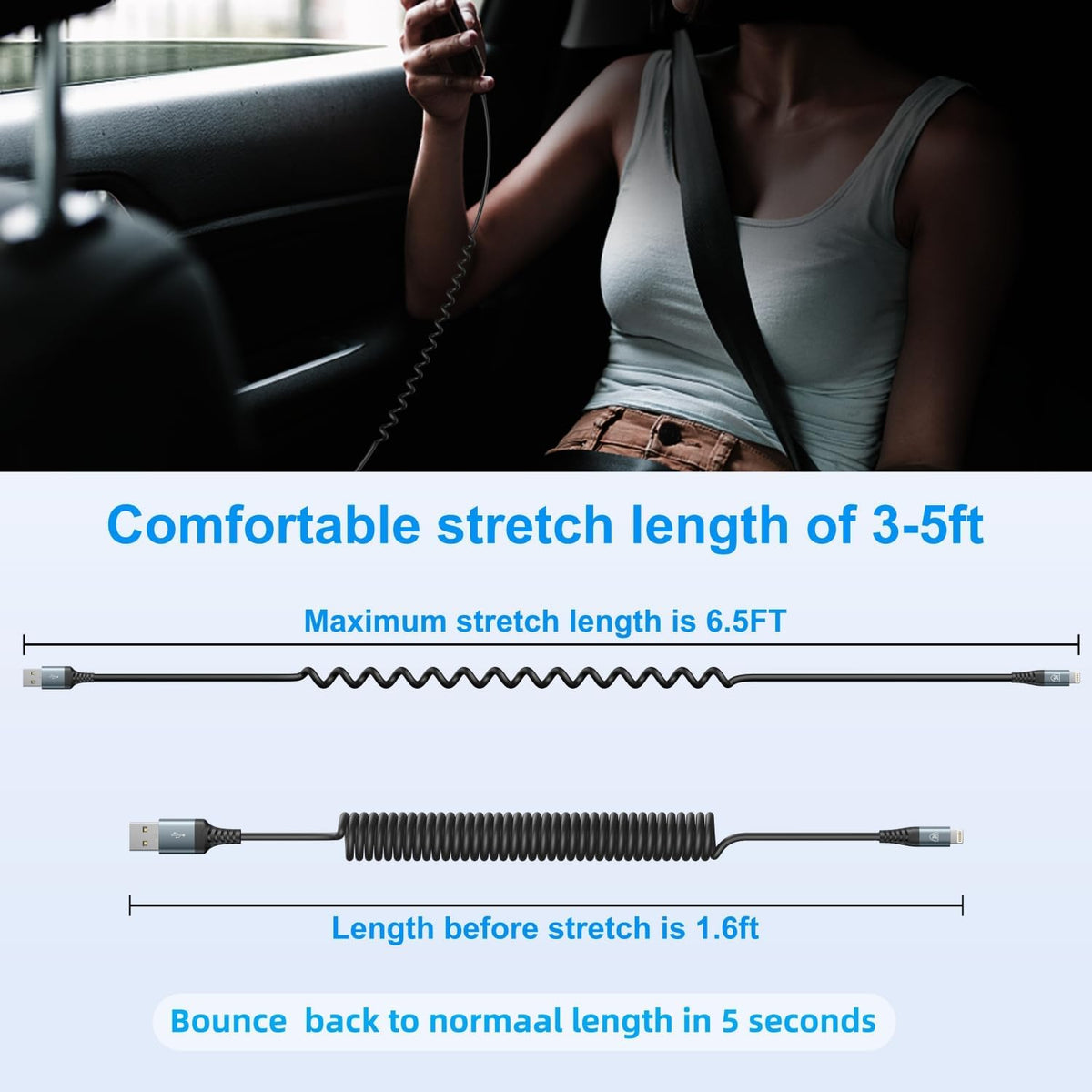 iPhone Charger Cable 6FT for Car, Coiled Lightning Cable [Apple MFi Certified] 2 Pack 6 Feet Lightning Cord Compatible with iPhone14 13/12/11 Pro Max/XS MAX/XR/XS/X/8/7/Plus/6S iPad/iPod - Black