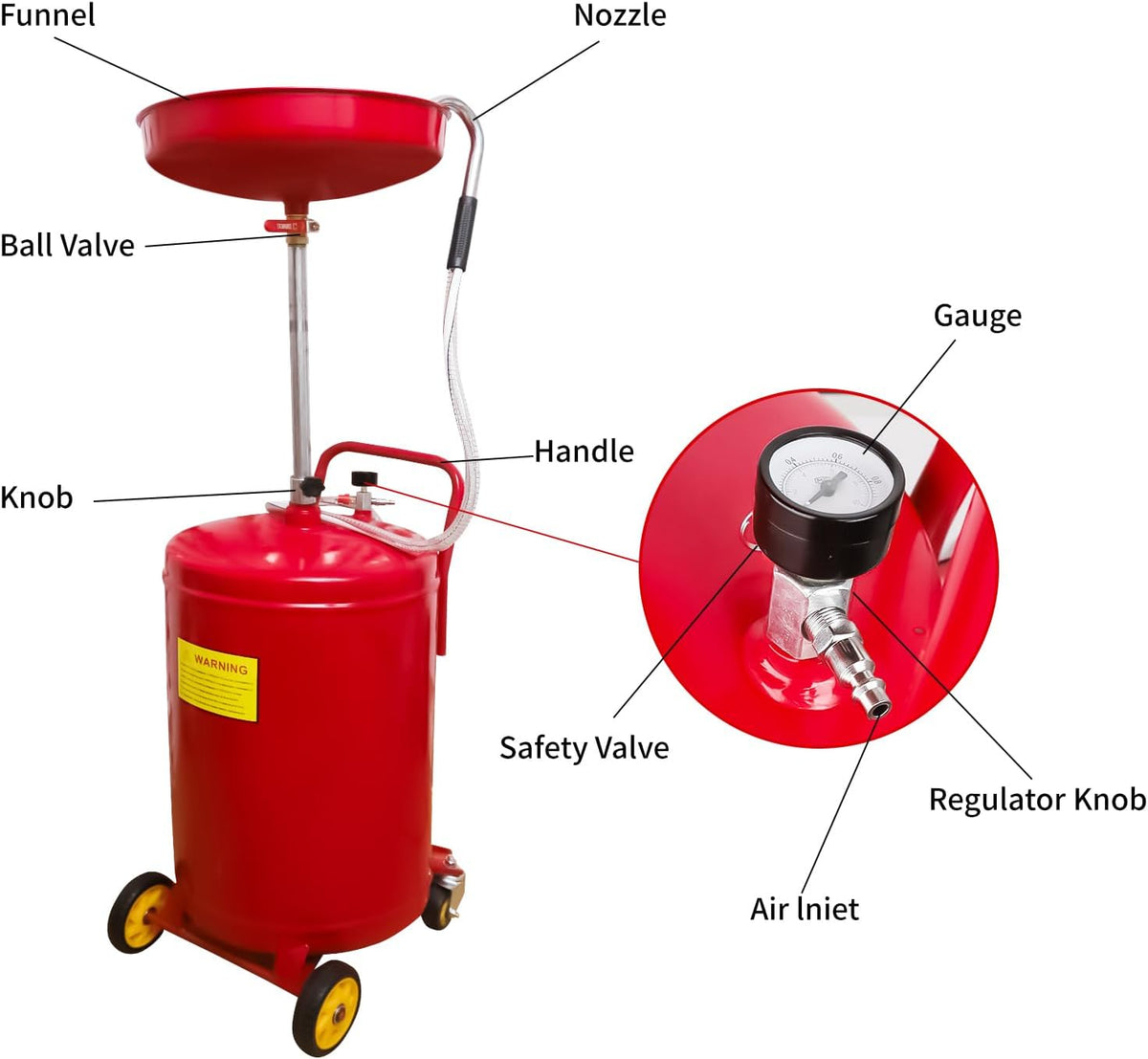 PONO 20-Gallon Air Operated Waste Oil Drain Tank with Wheels, Portable Industrial Fluid Drainage System - Adjustable Funnel Height for Auto Shops, Farm Equipment & Garage Use (Red)