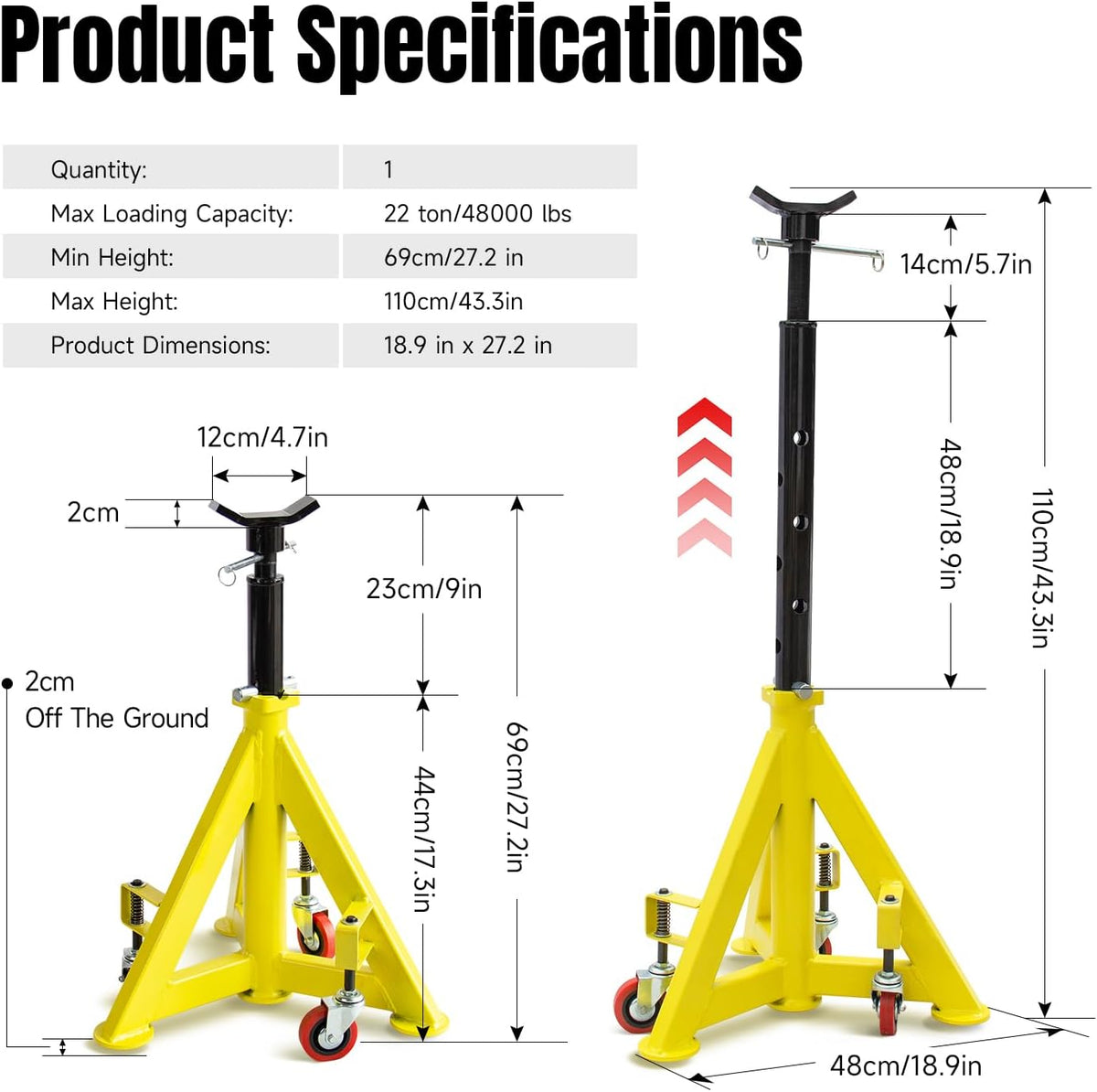 22 Ton (48,000 lbs) Jack Stands Heavy Duty Jack Stand Double Locking Pin Type Car Jack Stand Adjustable Height to 43'' with 360° Wheels for Garage, Repair Shop and DIY, 1 Pc