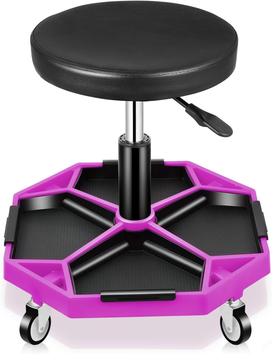 Auto Dynasty Mechanic Stool, Adjustable Rolling Pneumatic Creeper Garage Shop Seat with Tool Tray, 300 LBS Roller Seat for Workshop Auto Repair, Adjustable Height 15.7" to 21", Purple