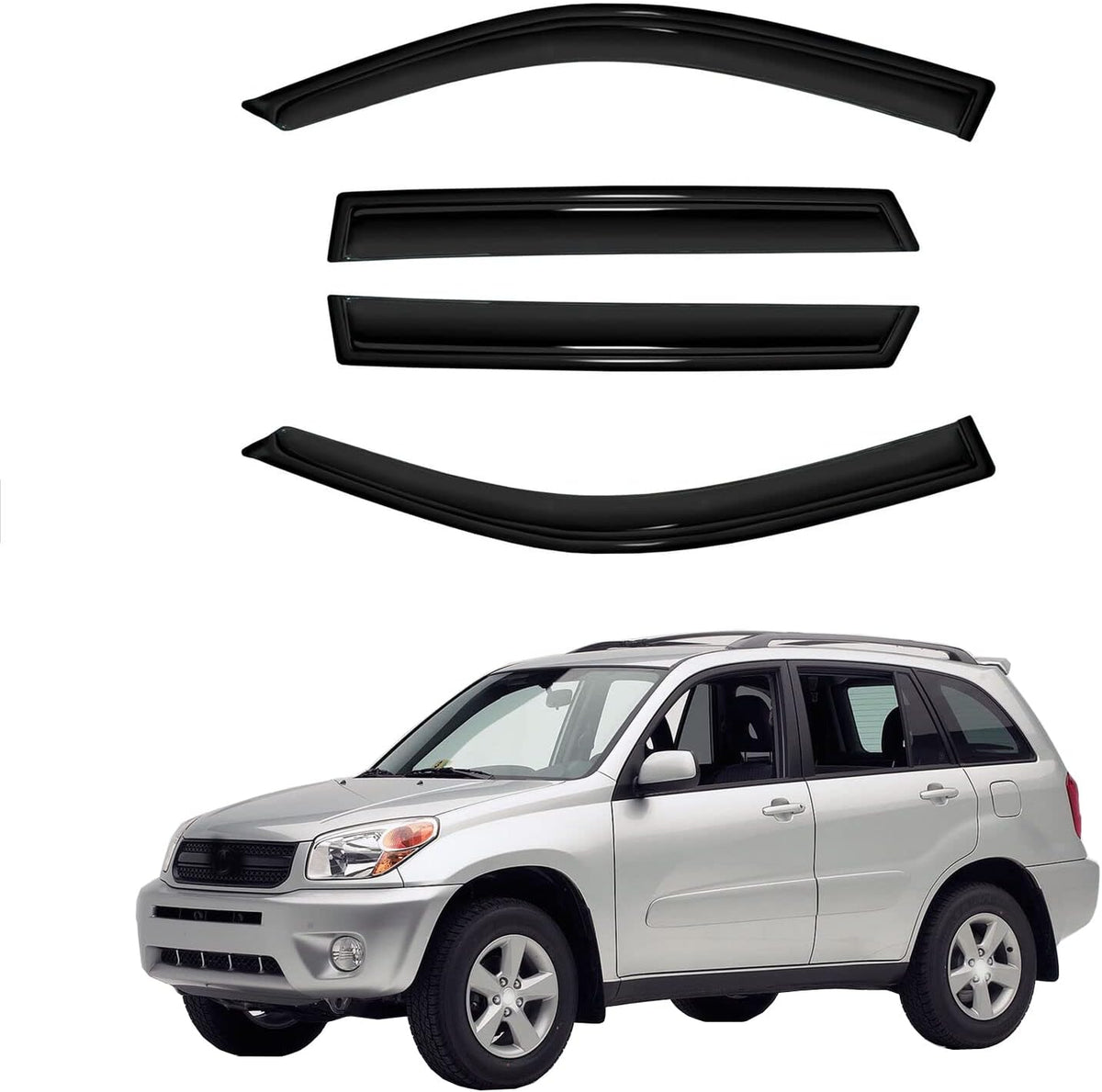 4pc Sun Rain Guards Window Visor Wind Deflector Compatible with Toyota RAV4 4 Door 2001-2005 Smoke 94434