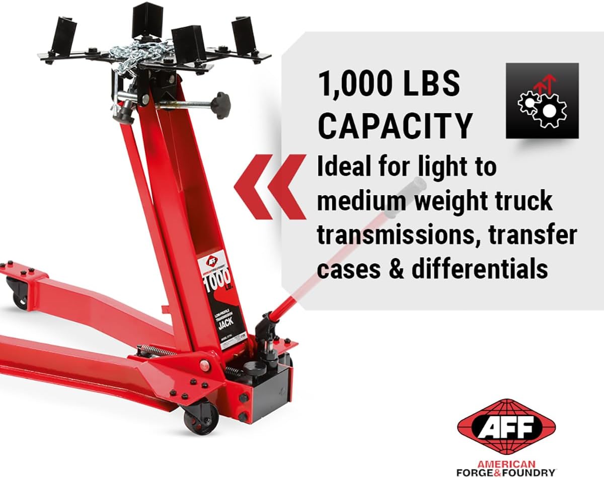 AFF Low Profile Manual Hydraulic Transmission Jack - Heavy Duty Steel Body, Adjustable Saddle with Safety Chain & 360 Handle - For Transmissions, Transfer Cases & Differentials (Multiple Capacities)