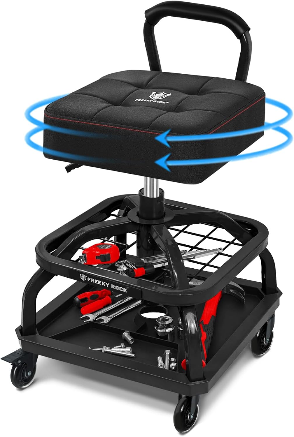 Rolling Shop Stool with Wheels, Garage Mechanic Shop Chair with Handle Backrest, Adjustable Height Work Stool, Roller Seat with Tool Tray Storage, Heavy Duty, 330 LBS Capacity, Black