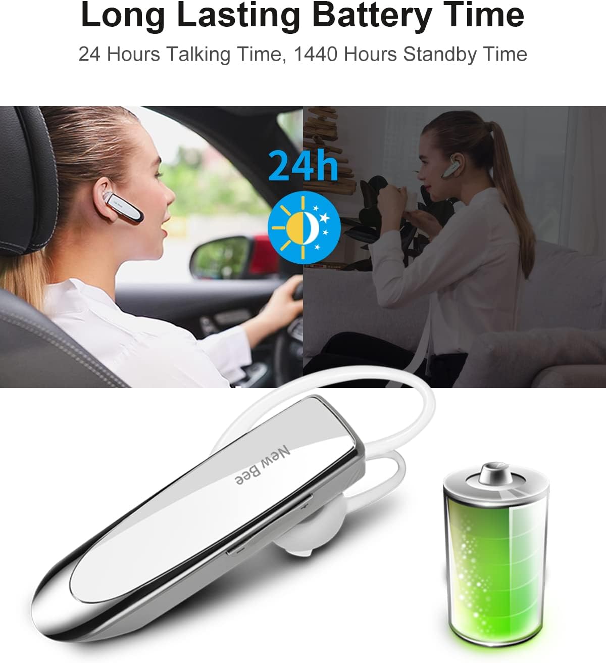 New bee [2 Pack] Bluetooth Earpiece V5.0 Wireless Handsfree Headset 24 Hrs Driving 60 Days Standby Time with Bluetooth Headset for iPhone Android Laptop Truck Driver(White)