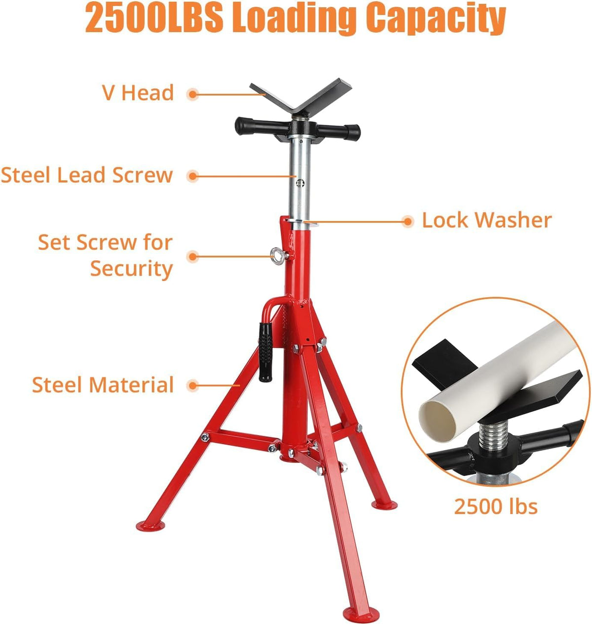 V-Head Pipe Jack Stand, Heavy-Duty Folding Pipe Stand with 2500 Lbs Load Capacity, Adjustable Height 28"-52" for Welding, Automotive & Construction Projects, Red