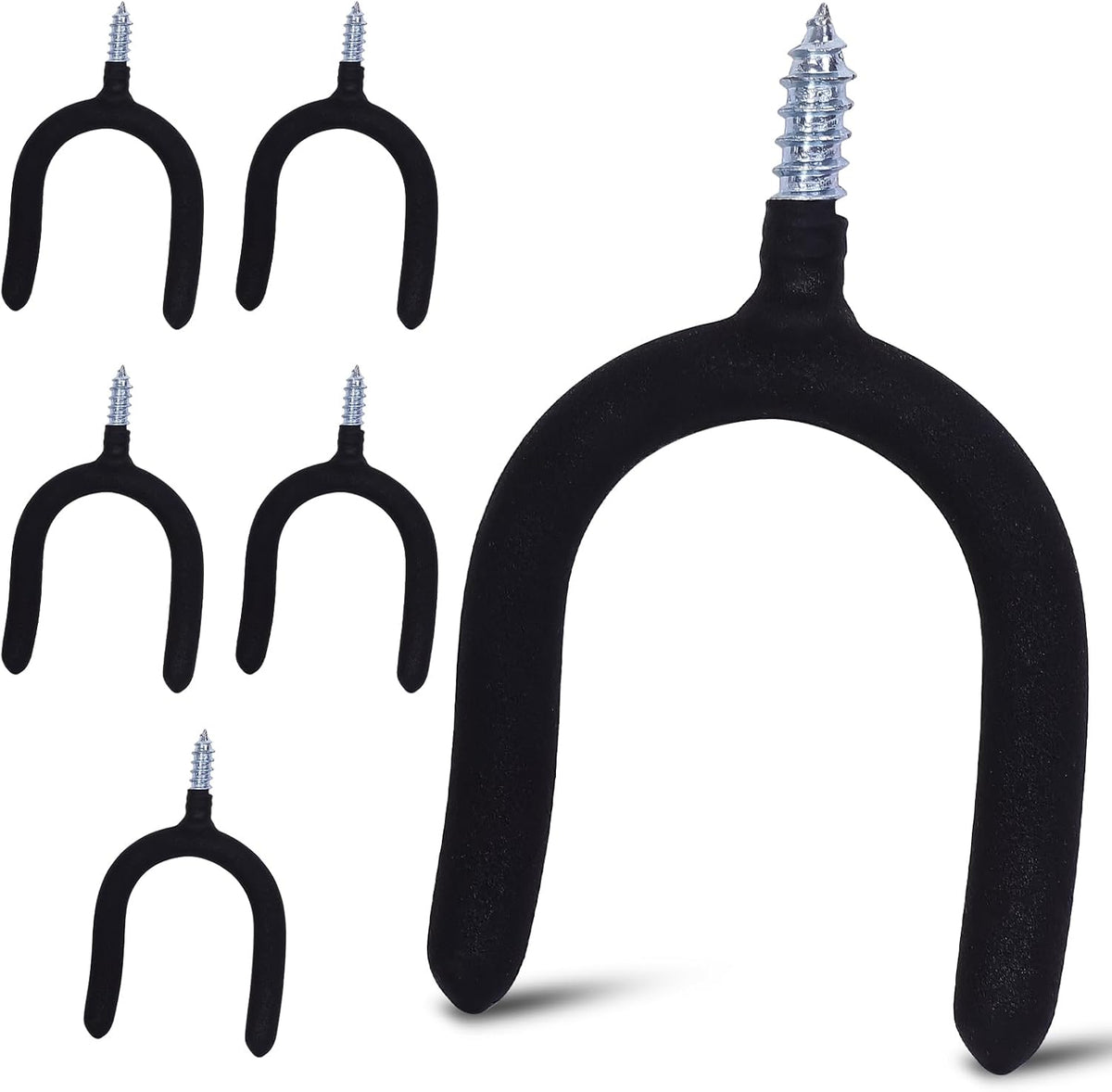 6 Pack Garage Storage System Steel U Hooks with Anti-Slip Coating Home Improvement and Organization Screw in Hooks Easy Wall Mounting Heavy Duty Bike and Ladder (Black, 6 Pack)