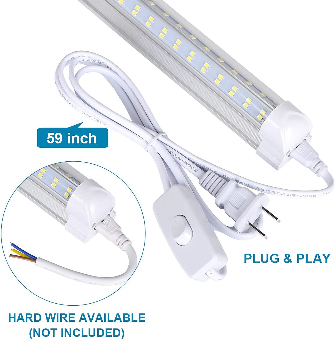 LED Shop Light Fixture, 4FT, 60W 7500LM, 6000K Cold White, 4 Foot T8 Integrated LED Tube Lights, Plug in Warehouse Garage Lighting, V Shape, Linkable with On/Off Switch (4PCS)