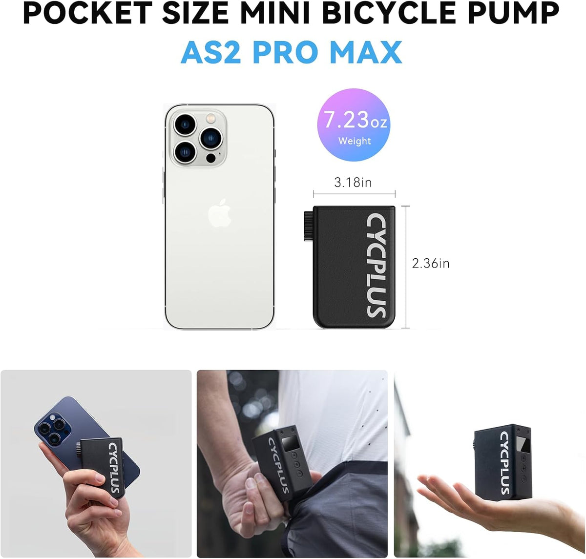 CYCPLUS Tiny Pump Mini with Gauge, Max 120 PSI Cordless Bicycle Air Pump, Auto Stop, with Presta and Schrader Valve for Car, Motorcycle, Bike and Ball AS2 Pro Max(2025 Updated Version)