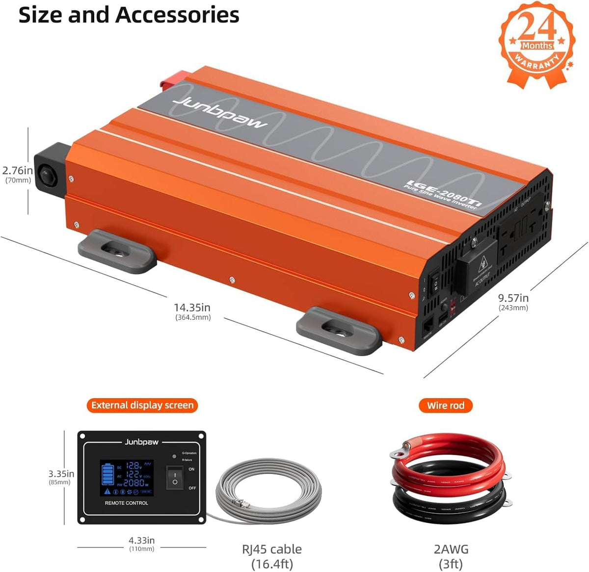 2080W Pure Sine Wave Inverter, 12V DC to 110V/120V AC, 6000W Peak, 5V/2.1A USB, Quiet Fan, Capacitor, Off-Grid Solar Power for RV, Camping, Emergency, Truck (LGE-2080Ti)
