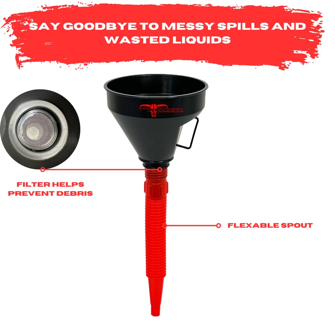 Pit Posse PP3367-Kit Oil Funnel and Holder for Automotive Oil Change Large Wide Mouth Flex Flexible Spout Extension Funnel with Handle and Strainer, for Liquid, Diesel, Kerosene, Gas, Coolant