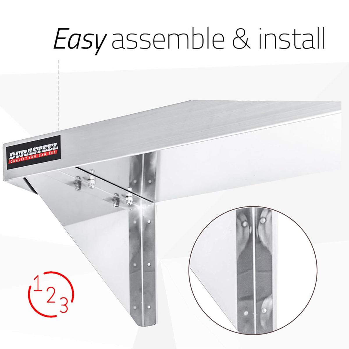 DuraSteel Heavy Duty Wall Mount Shelf - 72" Wide x 14" Deep Classic Stainless Steel Wall Floating Shelves - NSF Metal Storage Wall Shelves - For Commercial Kitchen, Laundry Room, Garage, Food Truck