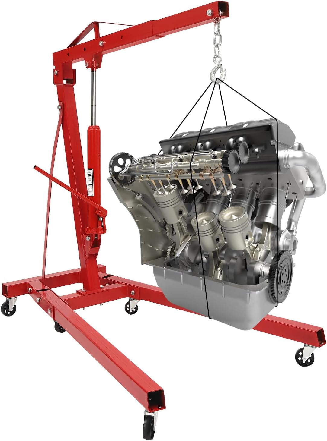 2 Ton Engine Hoist, Folding Hydraulic Engine Crane Red, Heavy Duty Cherry Picker Engine Crane, Four Adjustable Positions, Adjustable Load Arm & 6 Iron Caster Wheels for Garage, Workshop