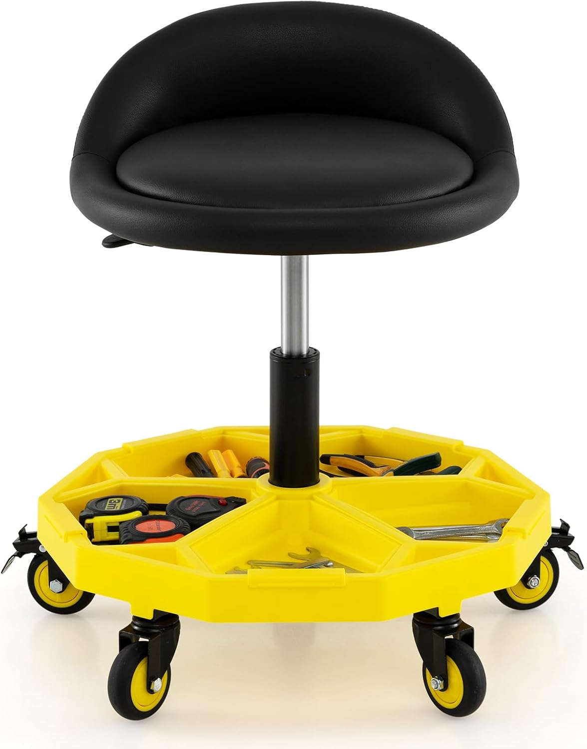 Mechanic Stool, 350 LBS Capacity Rolling Shop Stool with Lockable Wheels, 2 Magnetic Tool Trays & Padded Seat, 20"-25" Height Adjustable Workshop Chair Creeper Seat for Garage, Auto Repair
