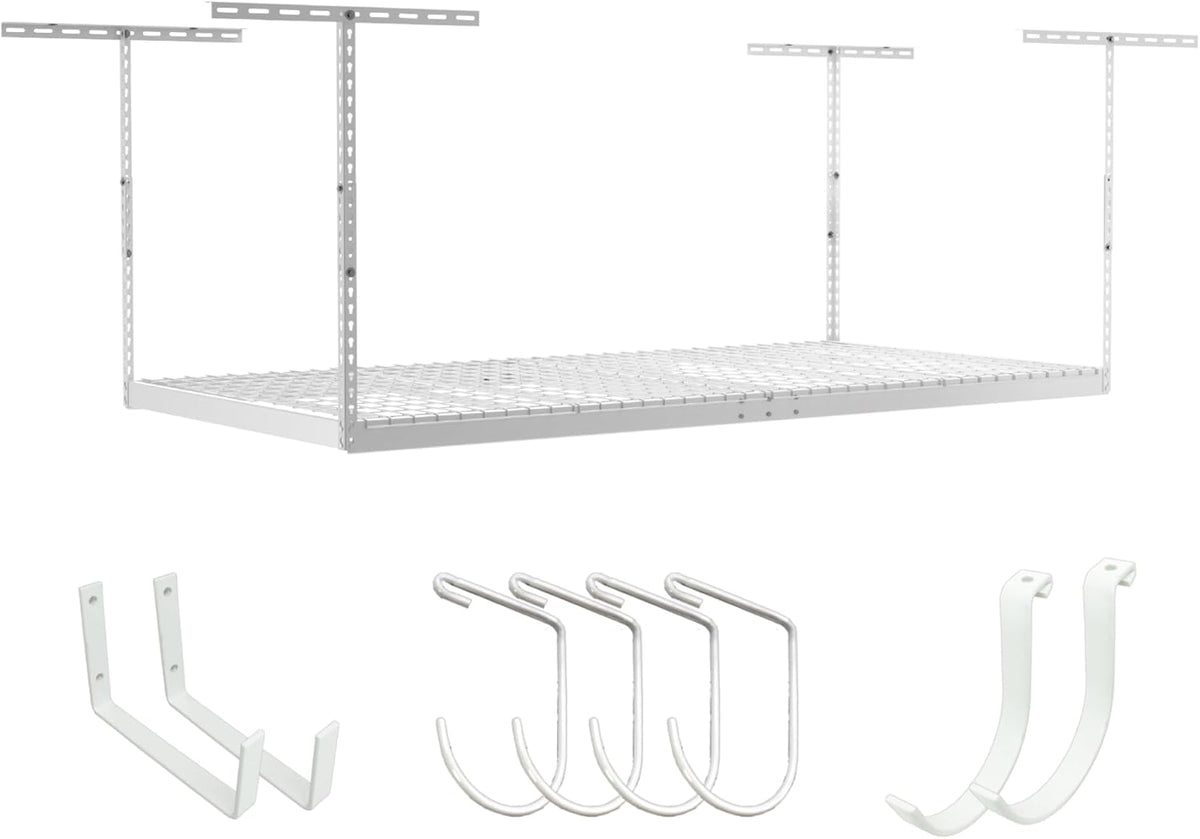 SafeRacks 4 ft x 8 ft Overhead Storage Rack Adjustable 24 in - 45in Height (White) With Accessory Pack With 8-Piece Deluxe Hook Accessory Pack