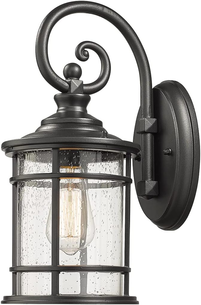 Emliviar Modern Outdoor Wall Lantern - Exterior Carriage Light for Garage Front Porch with Seeded Glass Shade, 15.5 Inch Height, Black Finish, XE229B BK