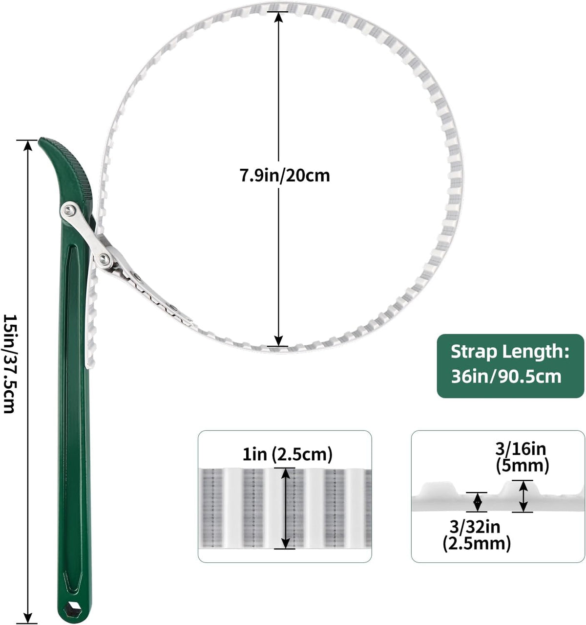 15" Belt Strap Wrench with Adjustable 36" Steel Wire Rubber Strap, Multipurpose Oil Filter Removal Tool