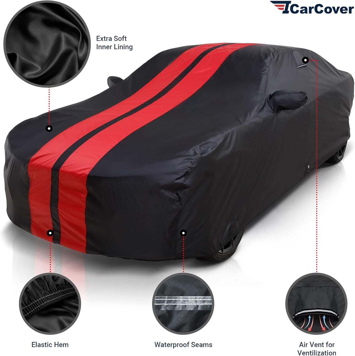 iCarCover Custom Car Cover for 2005-2025 Ford Mustang GT, Ecoboost, Mach 1, V6 Waterproof All Weather Rain Snow UV Sun Protector Full Exterior Indoor Outdoor Car Cover (Stripe - Black/Red)