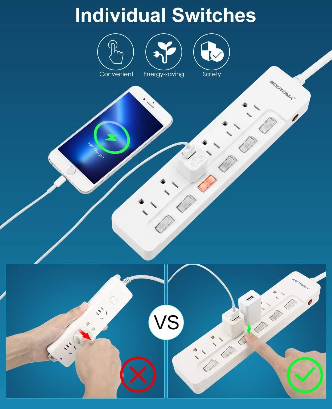 10FT Heavy Duty Extension Cord with Individual Switches on Off, 1875W Appliance Extension Cord with Surge Protector, 6 outlets, High Wattage for Microwave, Aquarium, Kitchen, Garage Must Have