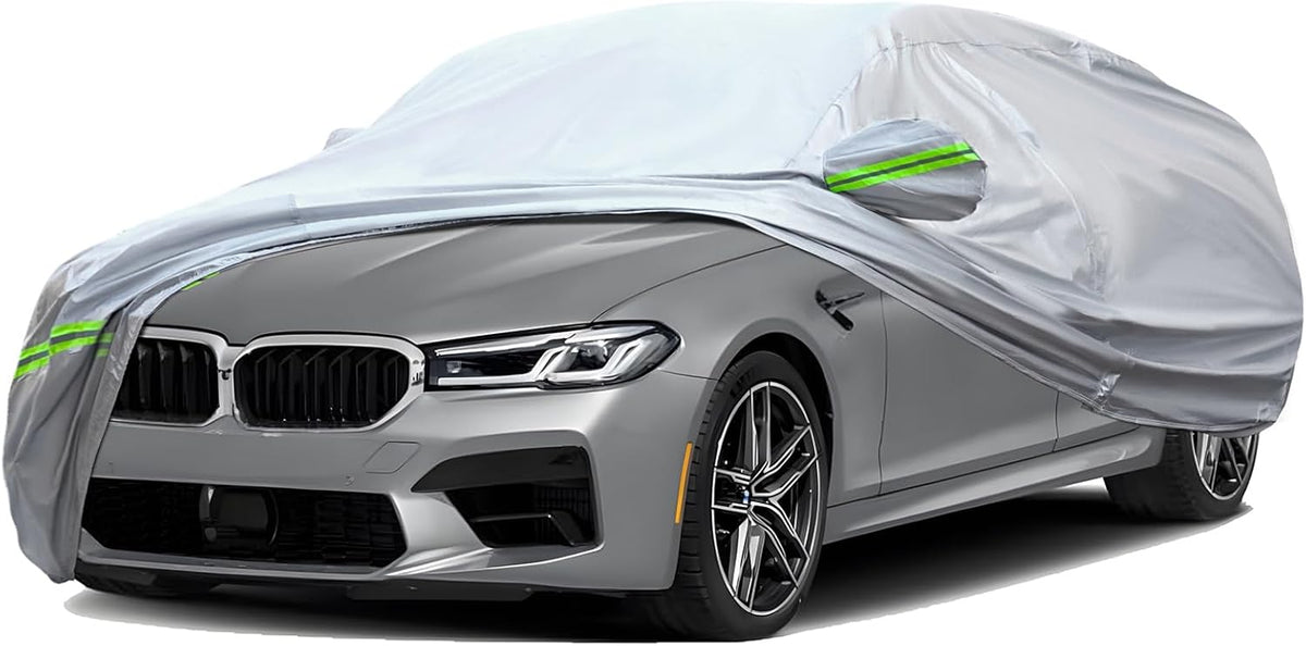 TUCAREST 6-Layers Premium Full Car Cover Hard Shell Zipper Design Waterproof All Weather Weatherproof UV Sun Protection Snow Dust Storm Resistant Outdoor with Straps (Fit for Sedan 188"- 198")