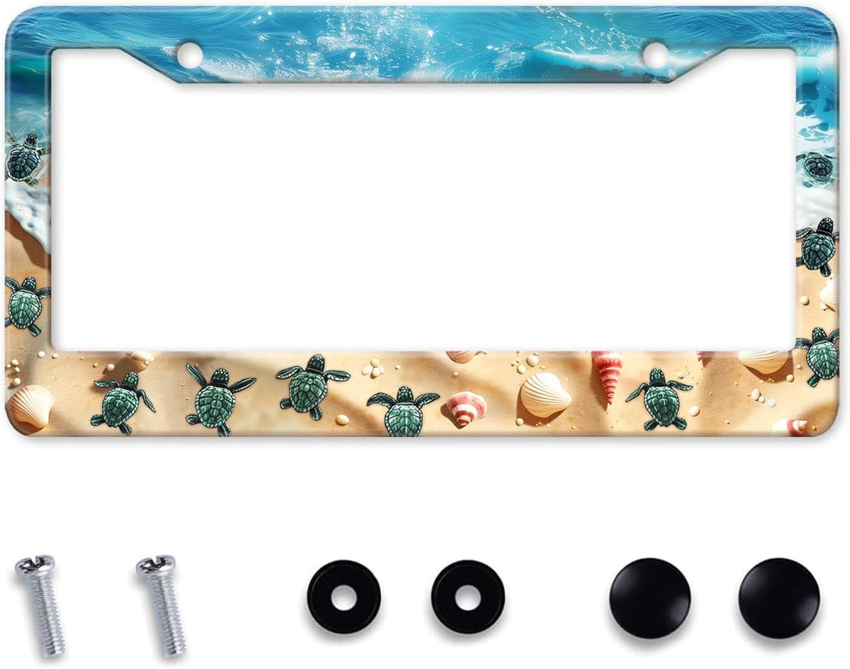 Cute Beach Turtles License Plate Frame, Sea Turtles Sea Shell Starfish Front License Plate Holder Cover, Metal Aluminum Rustproof Car Accessories for Women Men 2 Holes with Screw Caps