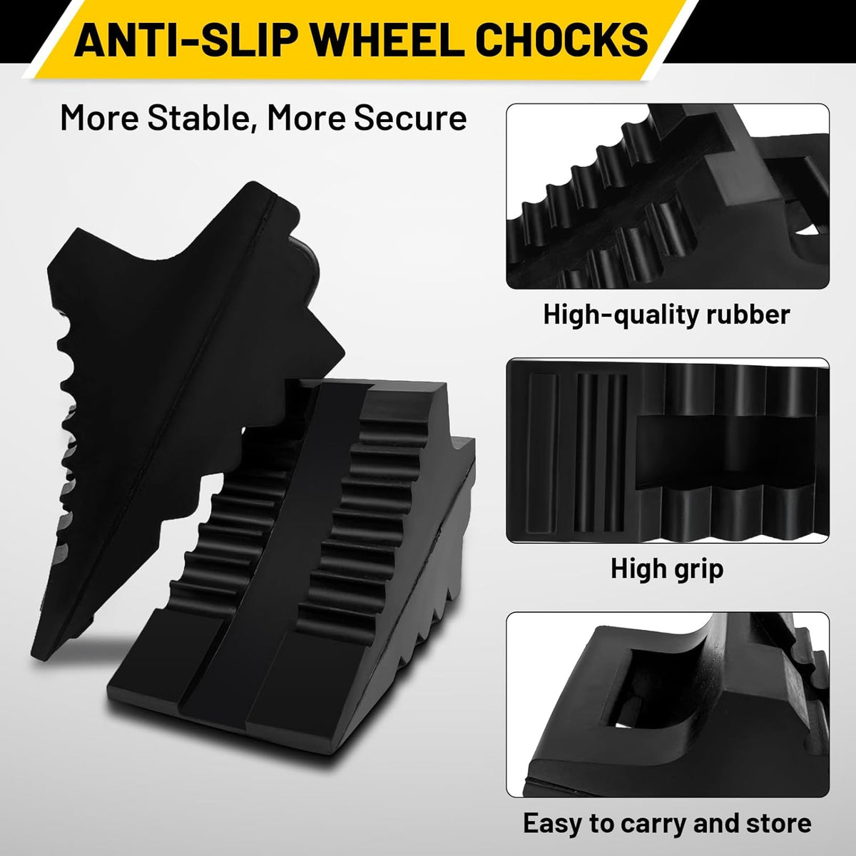 ROBLOCK Solid Rubber Wheel Chocks Heavy Duty Trailer Chock, G.V.W. Up to 8T, 4 Pack Black, 8.6" L x 3.7 W x 4.7" H for Car, Travel Trailers, RV, Truck, and ATV, for All Weather Use