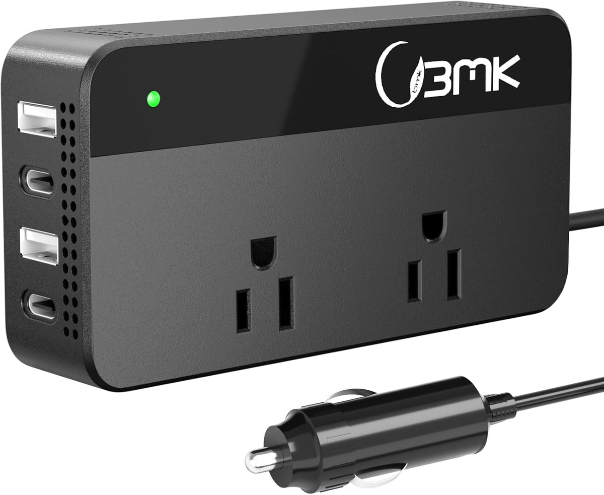 BMK 200W Car Power Inverter DC 12V to 110V AC Car Inverter 4 USB Ports Charger Adapter Car Plug Converter with 2 QC3.0 USB and 2 Type C Ports (Black)