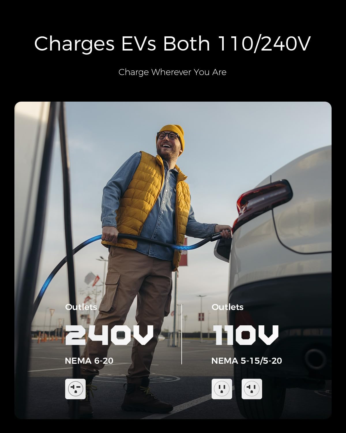 Level 1 EV Charger, 16A 110V 240V Portable EV Charger with 25FT Cable, Home Electric Vehicle Charging Station with NEMA 6-20 Plug NEMA 5-15 Adapter EVSE for All J1772 EVs