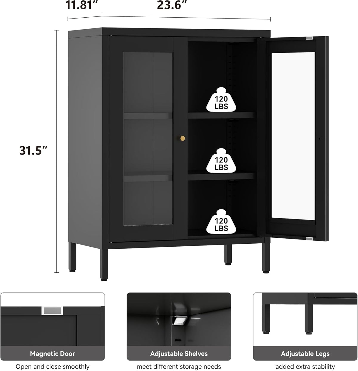 Metal Bathroom Cabinet with Glass Doors,Bathroom Floor Storage Cabinet with 2 Adjustable Shelves & 2 Doors, Sideboard for Small Spaces, Living Room, Dining Room, Home Office