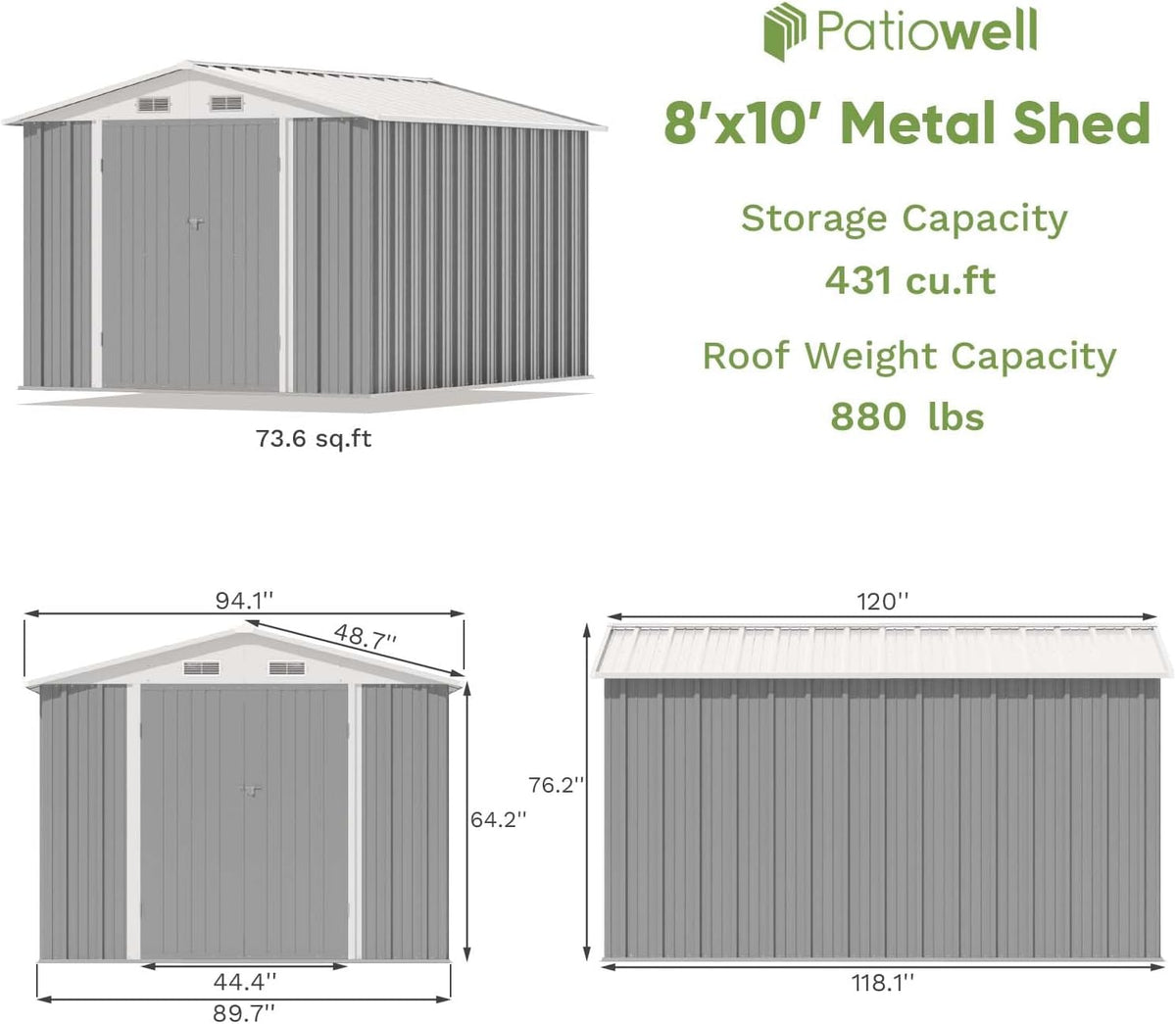 Patiowell 8x10 FT Outdoor Storage Shed, Large Garden Tool Metal Shed with Sloping Roof and Double Lockable Door, Outdoor Sheds for Backyard Garden Patio Lawn,Grey